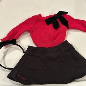 American Girl Christmas SPARKLE BOW Red SWEATER & Black HEADBAND OUTFIT Skirt